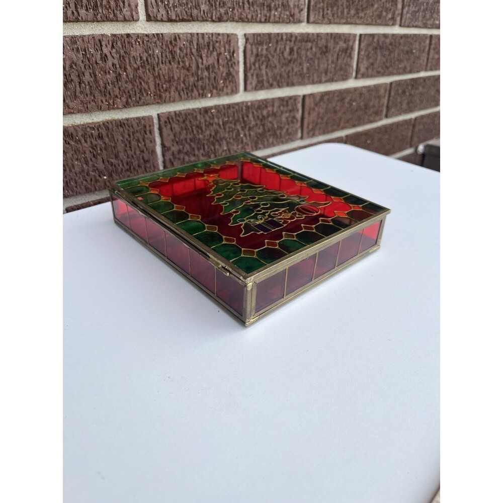 Vintage Hinged Stained Glass And Brass Candy Box With Christmas Tree - Picture 2 of 6
